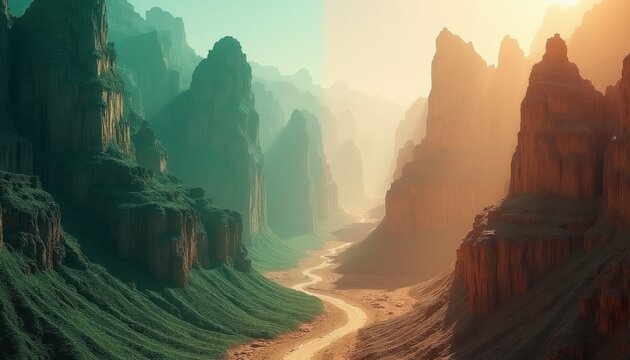 Deep canyon with winding path. Verdant green cliffs meet sunlit arid rock formations. Dramatic landscape split by light and shadow. Natural geological wonder, vast open space.