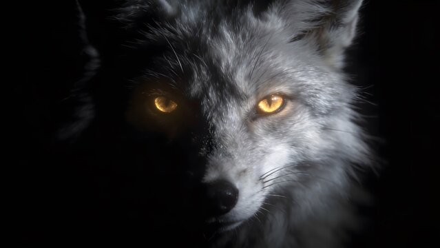 A dramatic low-key close-up portrait of a white wolf face, highlighting its piercing blue eyes peering through a beam of bright light and deep shadows against a dark, moody background