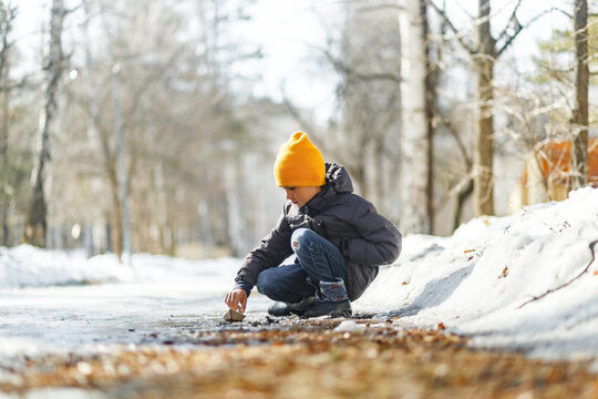 Boy exploring nature in early spring park
