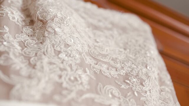White lace fabric draped on warm wooden background