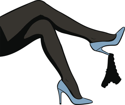 Woman wearing sheer black tights and high heels holding black lace panties.