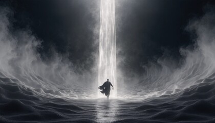 Abstract spiritual concept of a person stepping into a glowing beam of pure white light shining from above, photorealistic ascension day theme representing hope, faith, and divine connection.