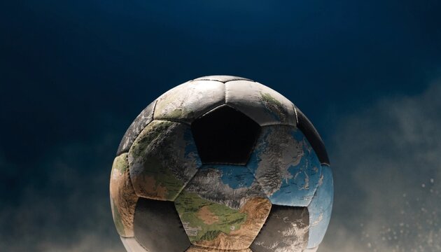 Photorealistic studio shot of a generic physical world map printed on a soccer ball, representing an international football tournament concept and global sports unity with clean lighting.