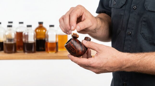 Craftsman applying a dark brown wood stain finish to a tobacco pipe using a cotton dauber tool