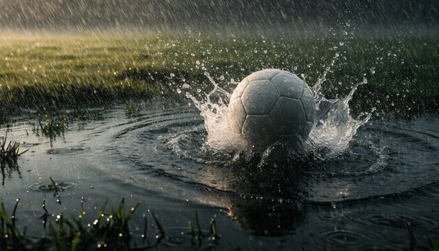 Action Close-up of a Soccer Ball Impacting a Deep Puddle on a Flooded Green Turf during Intense Rain, Dramatic Water Splash, High-Speed Sports Photography, Rainy Game Day Atmosphere, Dynamic.