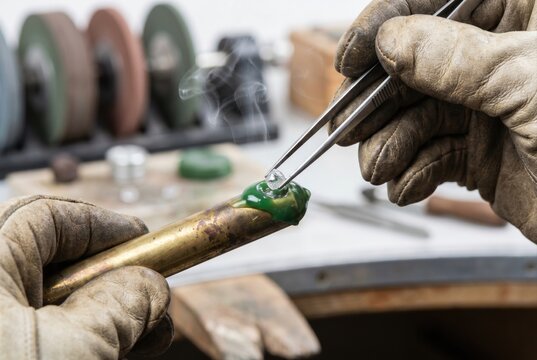 Jeweler wearing heavy gloves using tweezers to place a raw diamond onto green wax on a dop stick