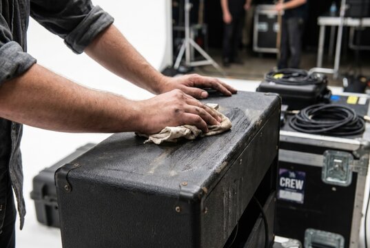 Crew member hands using a rag to wipe down the worn black tolex exterior of a stage guitar amplifier cabinet