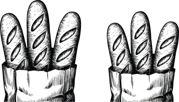 Vector bread baguette illustrations, black and white, hand drawn, food icons, bakery illustrations