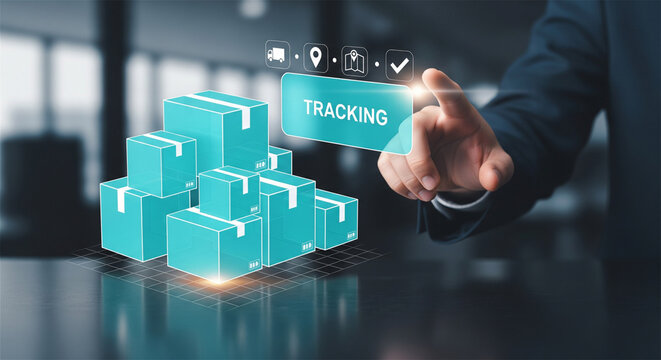 Logistics tracking technology interface, businessman managing digital delivery boxes, supply chain management and package distribution concept