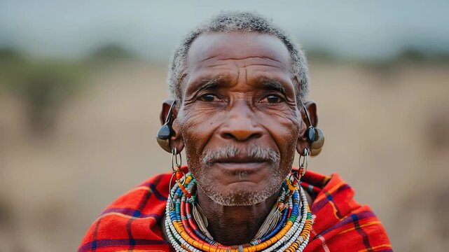 Maasai Elder Portrait: Traditional Kenyan Man with Ornate Jewelry and Vibrant Shuka Cloth in Rural Landscape.