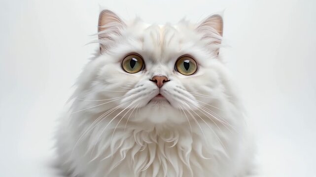 Close up of a fluffy white cat with giant glossy eyes staring upward. Cute innocent and confused feline meme expression on a white background.

