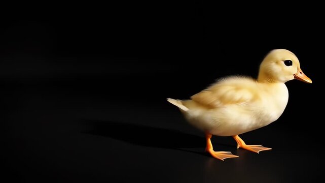 Cute yellow baby duckling walking on a black background. Fluffy little bird in a dark studio setting.
