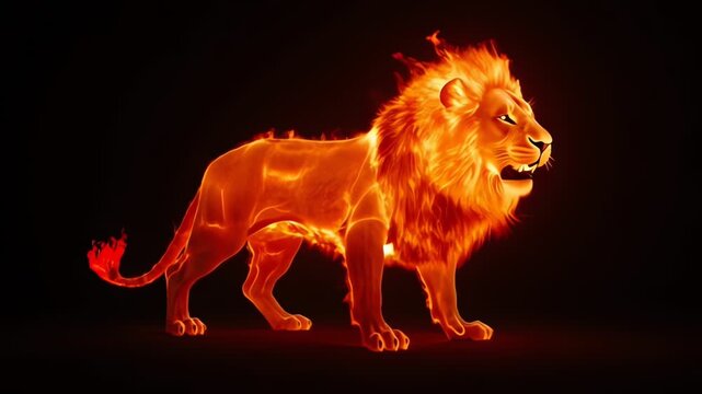 Majestic lion fully made of glowing fire walking and roaring in darkness. Conceptual burning animal isolated on a black background.
