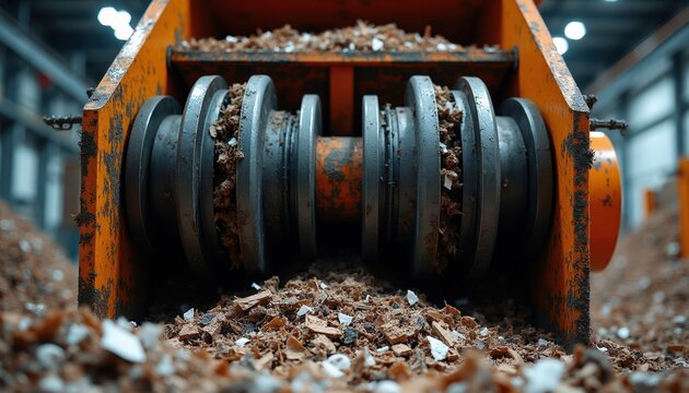 Heavy duty industrial shredder with powerful metal teeth. Machine grinds cardboard waste and mixed trash into small pieces. Recycling equipment processes refuse for reuse and disposal.
