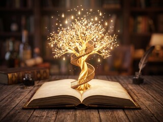 Fantasy golden tree with spiral staircase growing from open book, staircase © WESLEY