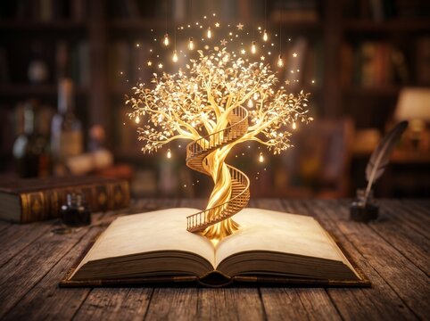 Fantasy golden tree with spiral staircase growing from open book, staircase