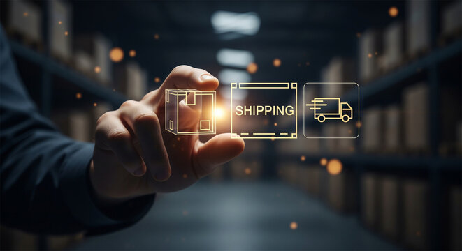Logistics shipping management concept, hand touching digital delivery icons in warehouse, global supply chain and distribution technology
