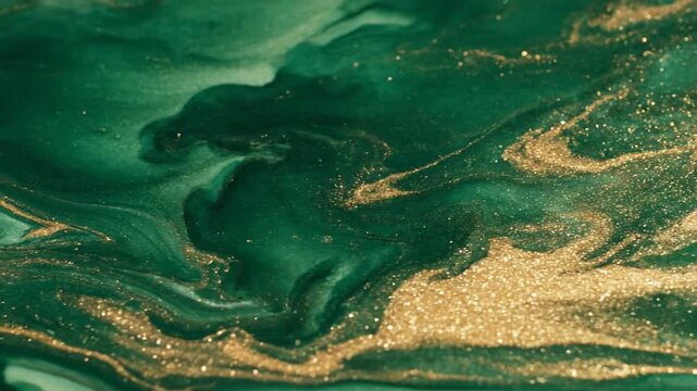 Abstract fluid art in deep green with gold metallic accents on dark background