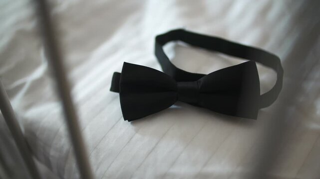 Black bow tie resting on rumpled white bedding