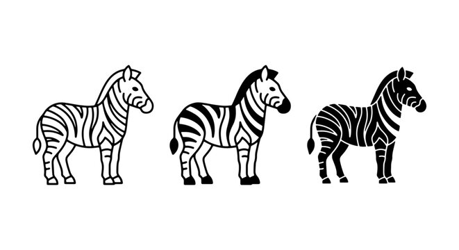 Set of Three Zebra Illustrations, Black and White Animal Icons, Stylized Wildlife Vector Graphics for Design