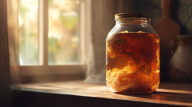 Glass jar of fermenting kombucha with a cloudy floating scoby suspended in amber tea glowing against soft window light indoors