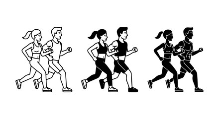 Fototapeta premium Running Couple Icons Set, Male and Female Athletes Jogging, Fitness Vector Graphics, Silhouette and Outline Styles