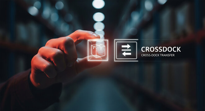 Crossdock logistics concept, hand holding digital cross-dock transfer icon in warehouse