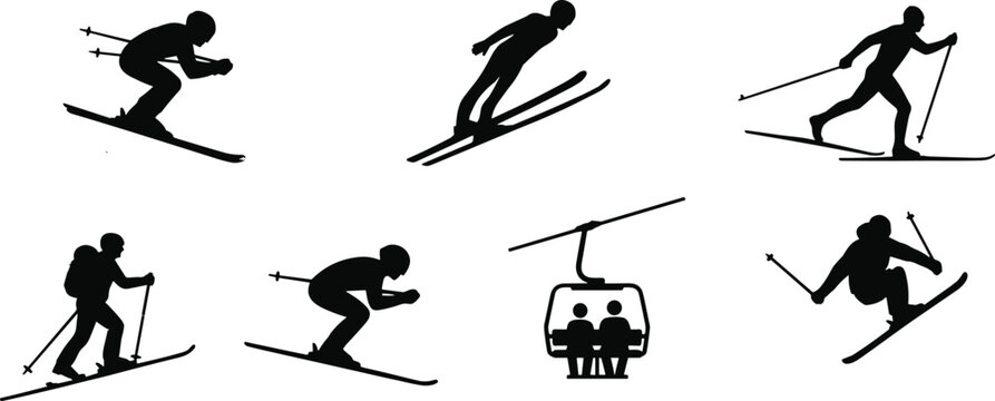 Silhouettes of skiers in various poses, ski lift with passengers skiing black white