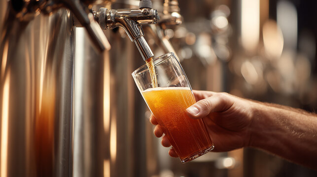 A brewer pours fresh golden craft beer from a stainless steel tap into a clear glass with brewing tanks blurred in the warm background