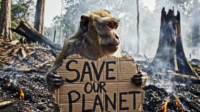Macaque holding environmental sign in deforested landscape