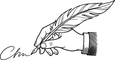Human handwriting with a vintage quill feather pen, signature line art vector illustration  © Labib