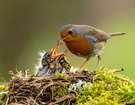 European robin perched on fallen log in woodland.