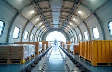 Naklejka premium Inside view of cargo plane with palletized boxes and containers. Airplane interior ready for flight, transport logistics. Freight shipping by air cargo aircraft.