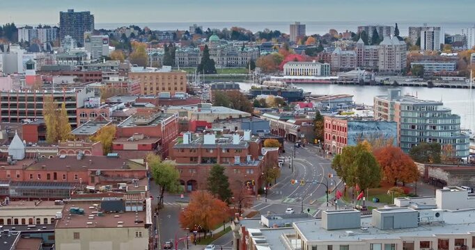 Aerial view of the waterfront and cityscape of Victoria with Johnson Bridge in British Columbia, Canada