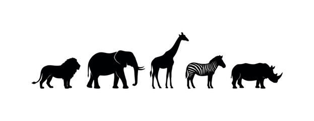 Fototapeta premium Minimalist Flat Design African Safari Animals Black Silhouettes Vector Illustration