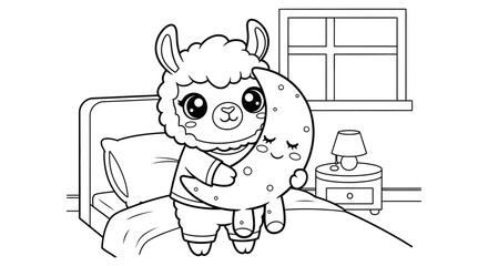 Fototapeta premium Adorable cartoon llama in pajamas hugging a sleeping crescent moon, ready for bedtime. Perfect black and white line art coloring page for children and toddlers.