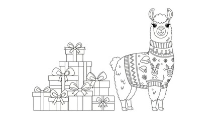 Naklejka premium Cute Christmas Llama in Festive Sweater with Stack of Presents - Holiday Coloring Page for Kids and Adults, Winter Animal Illustration