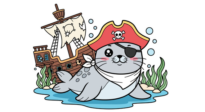 Cute cartoon seal dressed as a pirate with an eye patch and bandana, sailing a pirate ship.