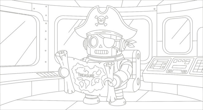 Robot pirate with eyepatch and hat holding treasure map on a ship, cartoon line art illustration