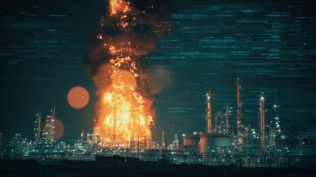 Inferno unleashes at oil refinery storage facility. Ai concept. Subtle changes in smoke patterns as refinery blaze intensifies. Data intelligence. Ai development.
