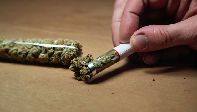 Man rolling cannabis blunt. Close up weed joint with lighter. Smoke pot person. rolling a marijuana weed joint, created with generative ai