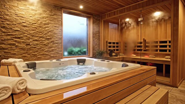 Luxury home spa featuring hot tub and wooden sauna.