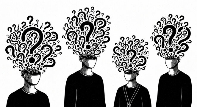 Four people with question marks exploding from their heads.