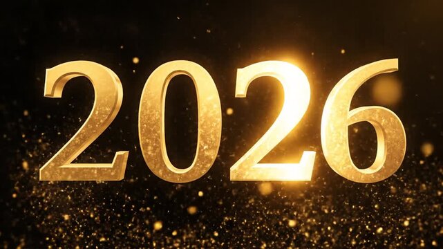Golden glitter particles forming new year number twenty twenty six on black background