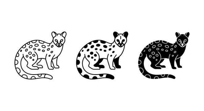 Civet Cat Vector Icons Set, Spotted Mammal Illustrations, Wild Animal Graphics, Black and White Line Art