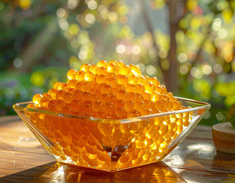 Golden honey caviar beads are clustered together inside a geometric glass bowl reflecting soft afternoon light from a nearby window.