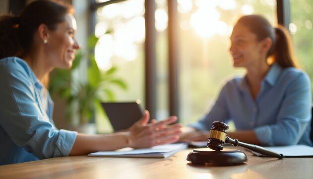 Lawyer consults woman client in sunny office. Gavel on desk suggests legal discussion, possibly about mental health law. Attorney offers support, legal advice.