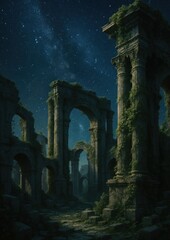 Naklejka premium Ancient ruins under starry sky