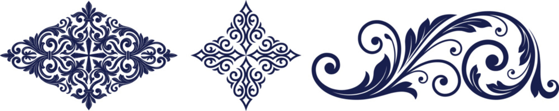 Set of intricate damask scroll motifs and corner flourishes for luxury design projects.