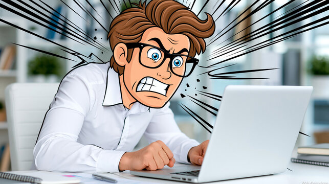 Frustrated man with glasses expressing anger while using laptop  